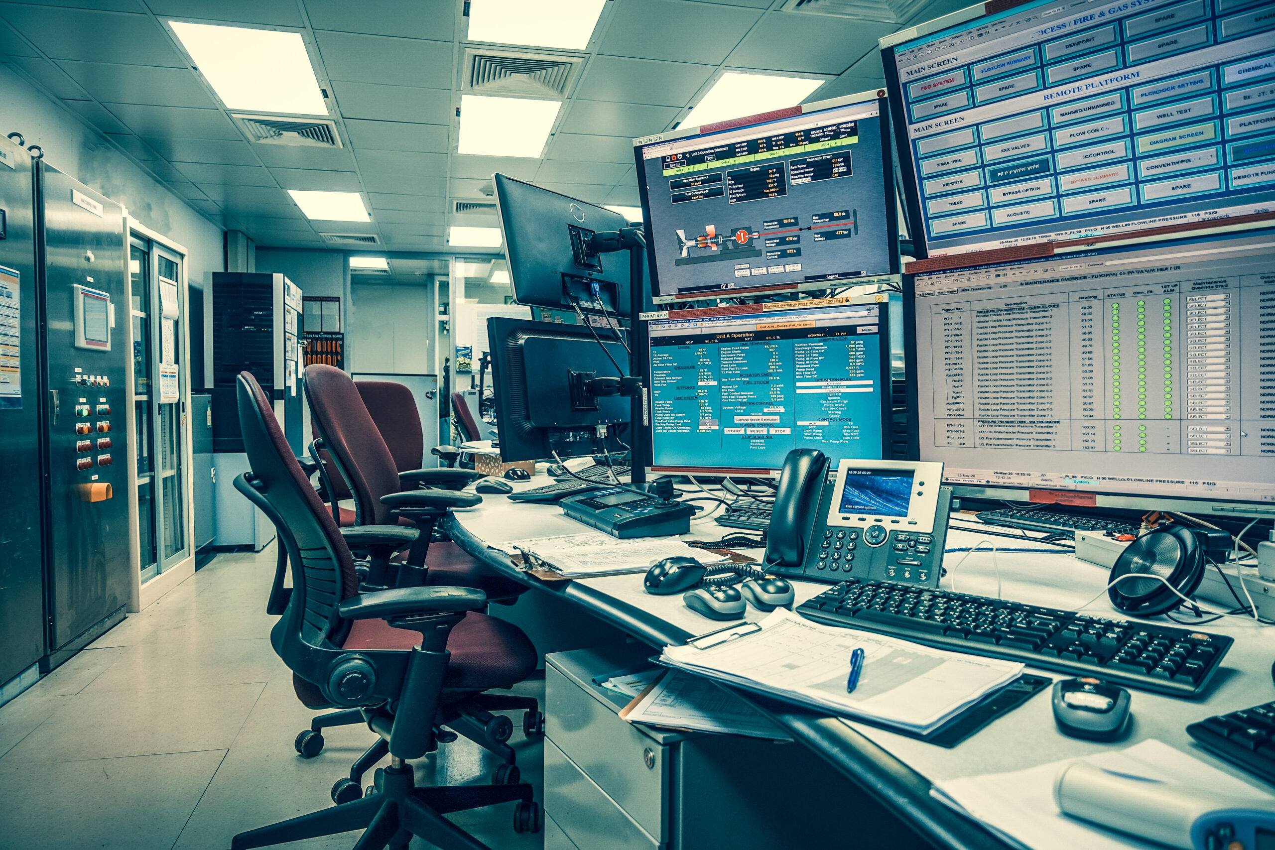 Image showing the inside of the System Monitoring Room or control room Work on many monitor. Facility is Full of Screens Showing plant process.